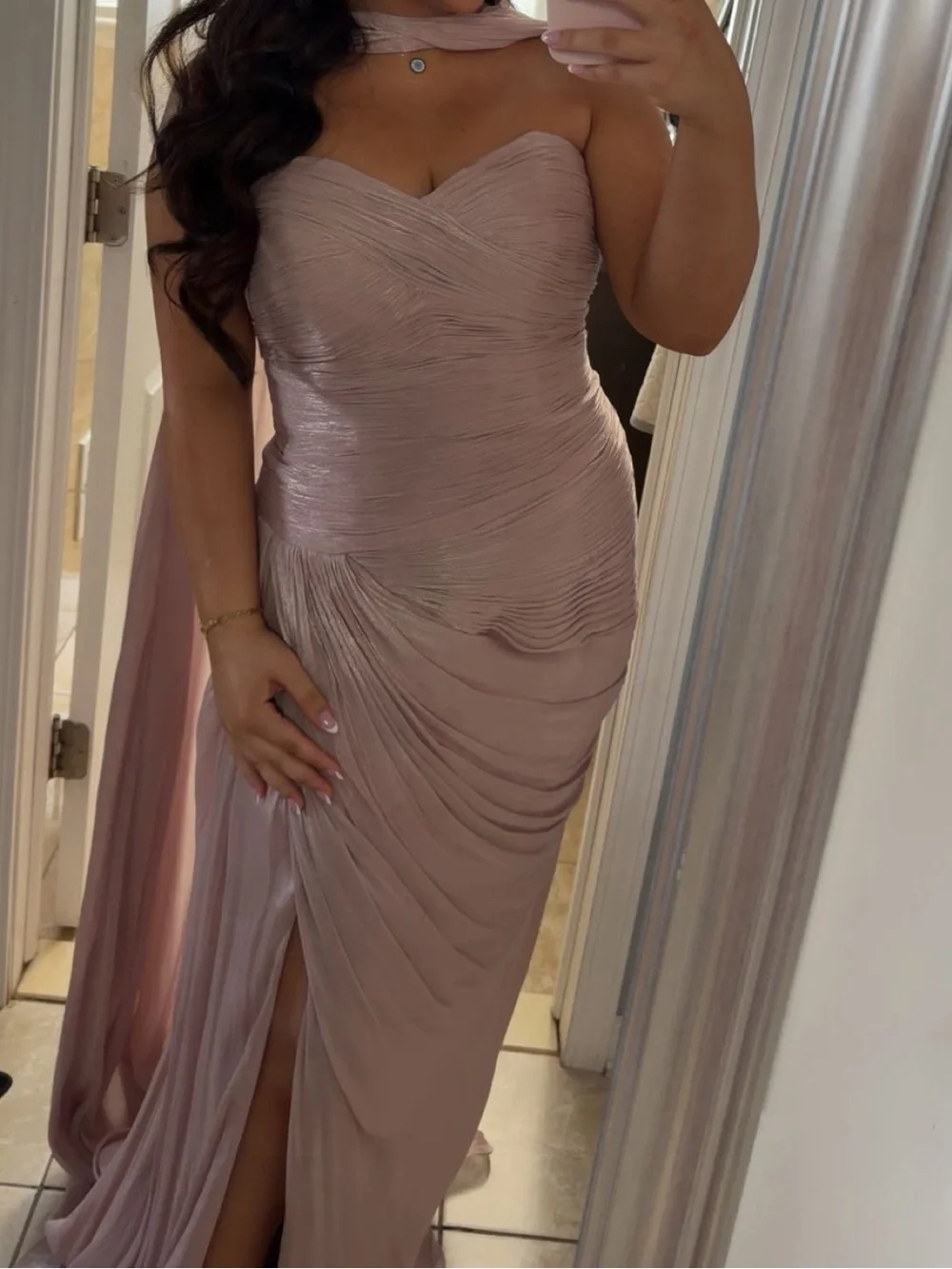 Mauve Blush Ruched Prom Gown with Thigh Slit - Picture 2 of 2